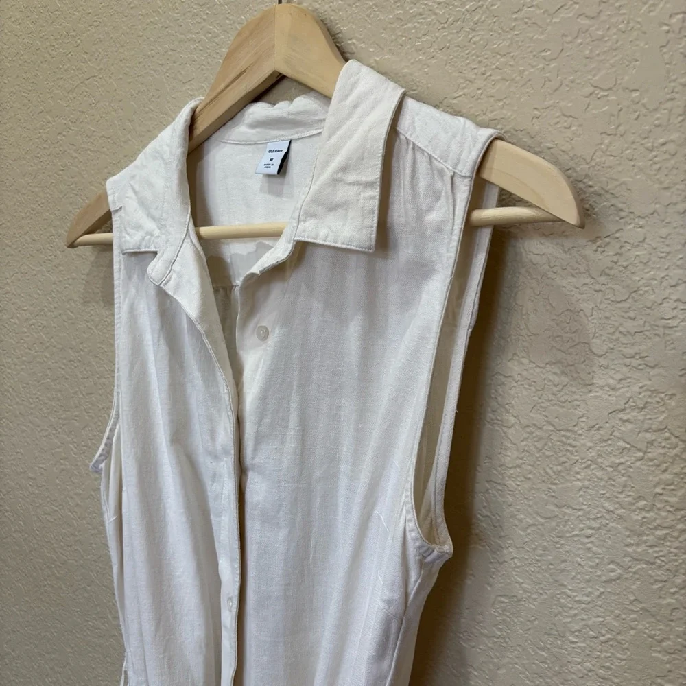 Old Navy Linen Sleeveless Fit & Flare Cream Eyelet MIDI Shirtdress Size Medium - Picture 4 of 8
